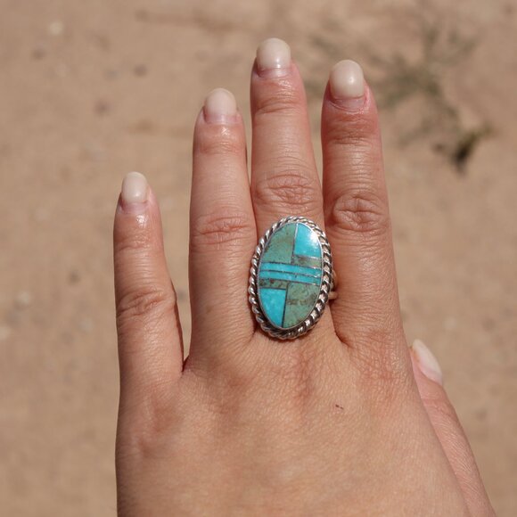 Navajo Sonoran and AZ Blue Turquoise Inlay Ring‎ Signed Handmade NA Sz 8.25US** - Picture 12 of 14